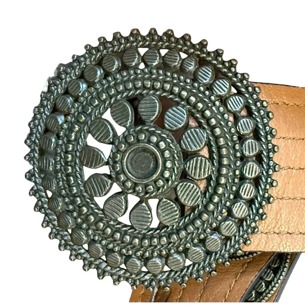 Chico's Brown Leather Concho Belt Boho Western Cowgirl Statement‎ Waist Belt